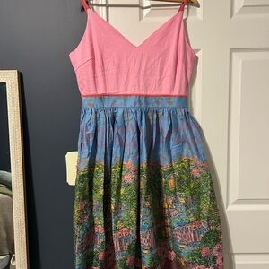 Lindy Bop Pink and Blue Whimsical Floral Scenic Dress NWT
